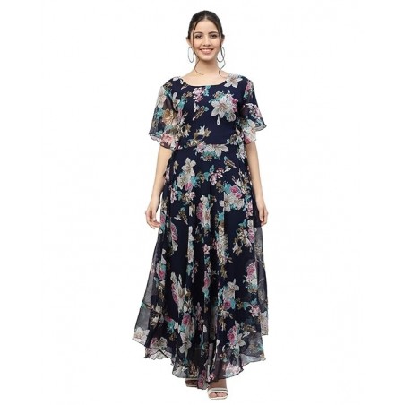 Women's Georgette Navy Blue Fit and Flare Dress | Dress for Women | One Piece Dress for Women