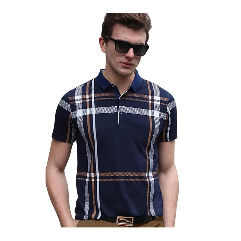 Men's Trendy Polo Neck Half Sleeves Regular Fit Checkered T-Shirt